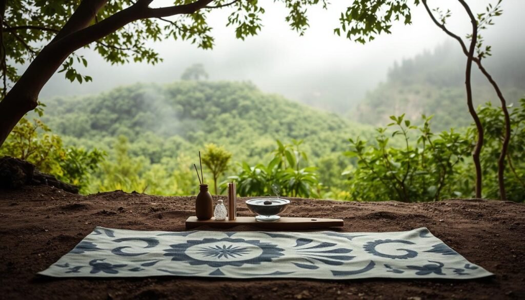 A serene meditation space in a natural setting, featuring the Arumi Nomad meditation mat in the foreground, with crystals, incense, and a small water feature in the middle ground. The background showcases a lush, verdant landscape with a misty, atmospheric lighting that evokes a sense of tranquility. The composition emphasizes the harmony between the meditation tools and the surrounding environment, creating a visually appealing and calming scene.