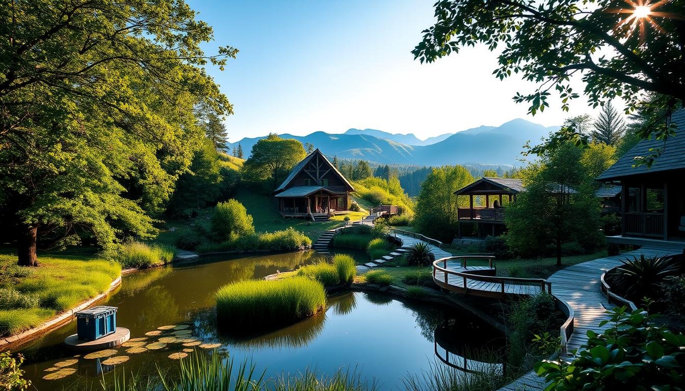 Peaceful retreat accommodation surrounded by lush greenery