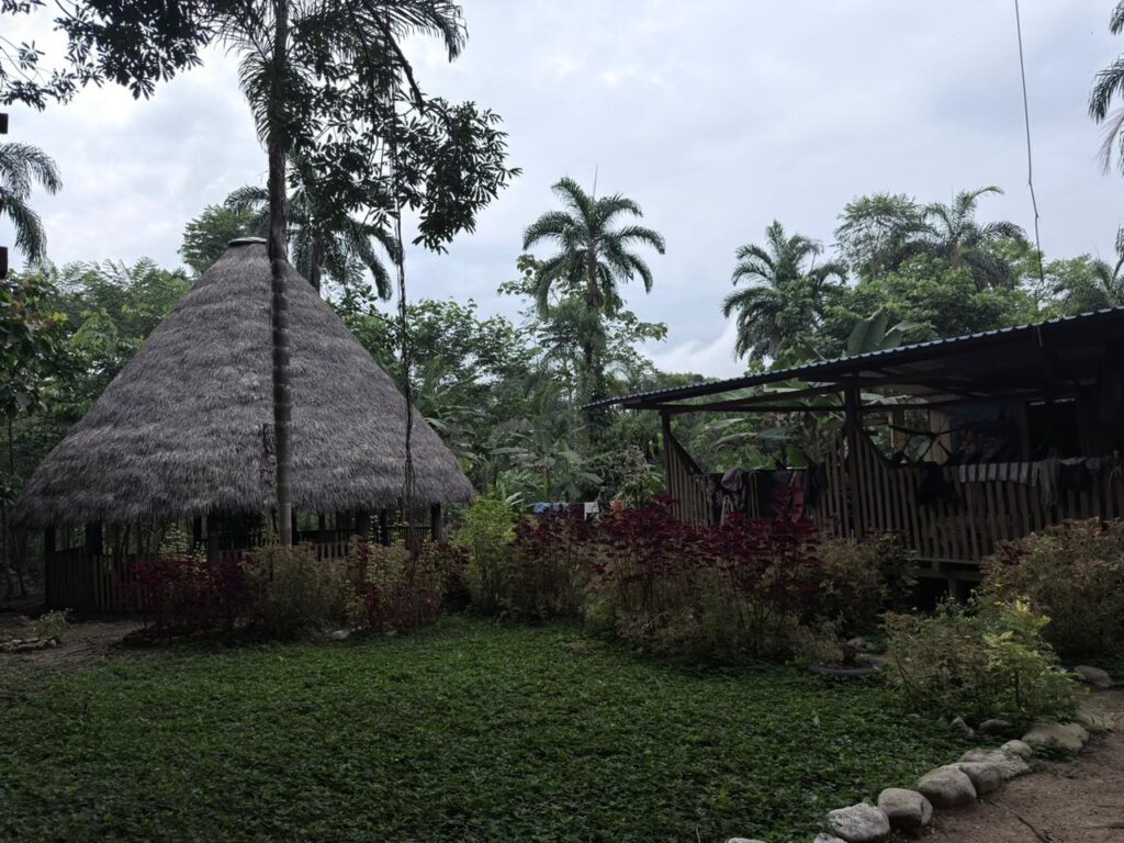The wooden house in the Putumayo where a yagé ceremony is held, lit by a single lamp at night