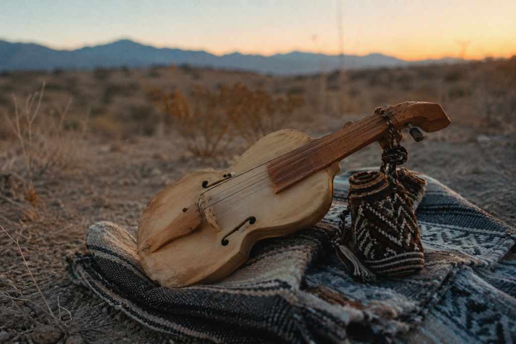 Hands tuning a small stringed instrument by firelight during a long desert night