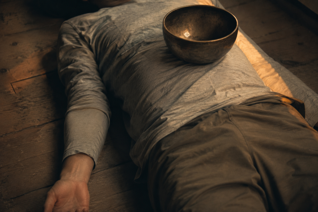 A bronze singing bowl resting on a person's chest during a floor meditation