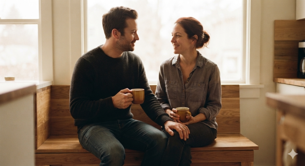 A couple sharing easy off-schedule affection over coffee, keeping intimacy that timed intercourse doesn't own