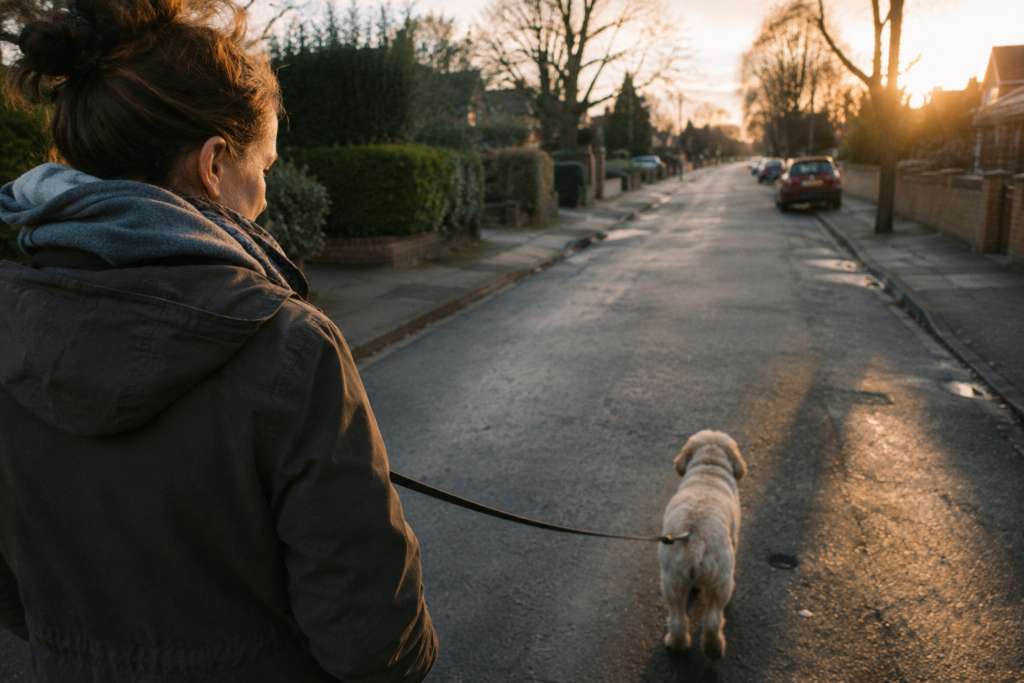 Turning the everyday dog walk into a walking meditation by looking down at the path instead of at a phone