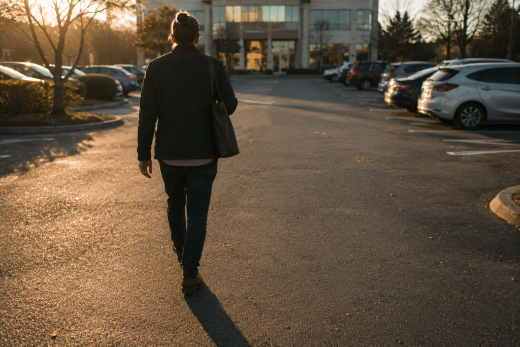 The walk across the parking lot turned into a walking meditation — the commute walked awake instead of on autopilot