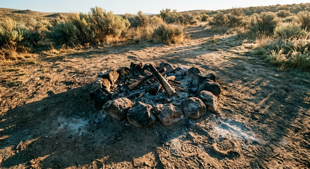 A cold fire circle and grey ash at sunrise in the desert near Wirikuta