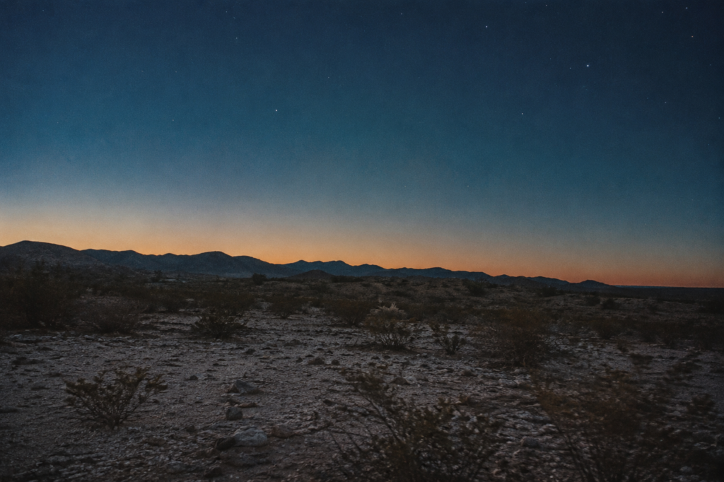 High desert scrub and the Sierra de Catorce ridgeline at blue hour, the country the Wixárika walk to on the Wirikuta pilgrimage