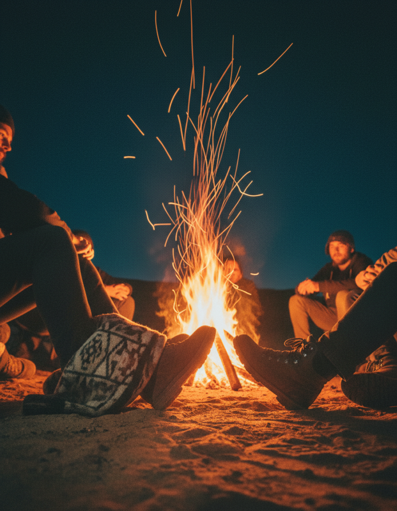 A circle of people seated around a night fire in high desert — the shape every tradition in the article keeps