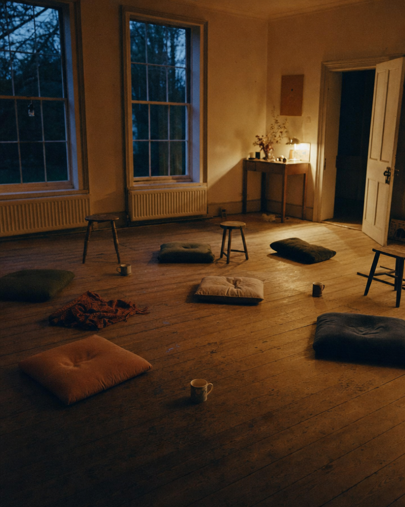 The empty circle after a weekly sitting group has left — cushions, mugs and the dents people leave behind