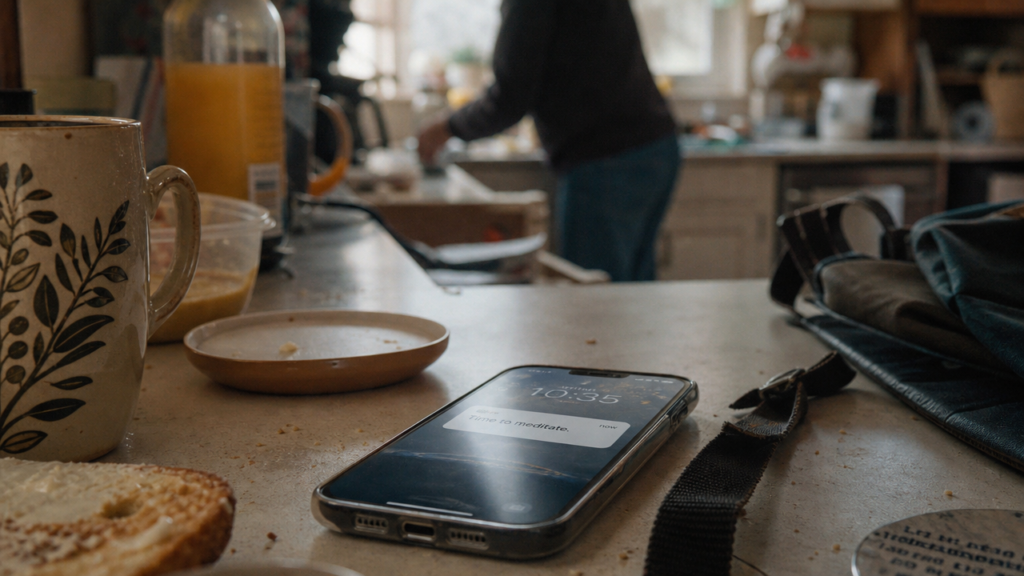 A meditation app reminder notification arriving in the middle of a busy morning and going ignored