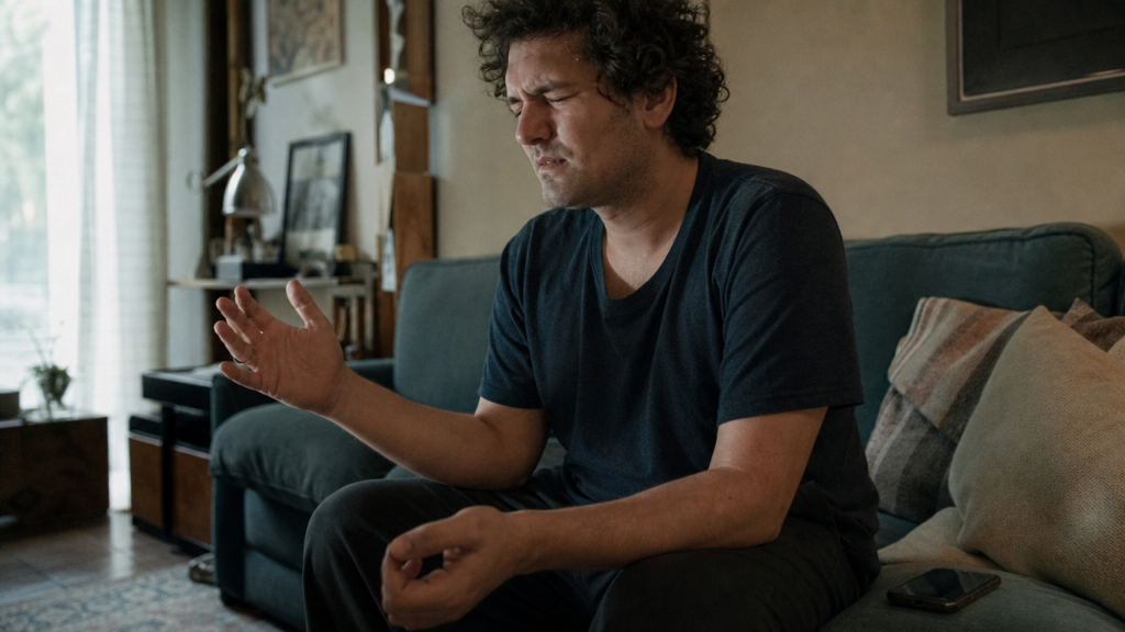 A beginner frustrated mid-meditation, about to quit because the thoughts won't stop