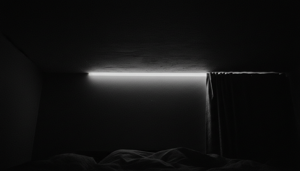 A bedroom ceiling at 3 a.m. with one stripe of streetlight through the curtains