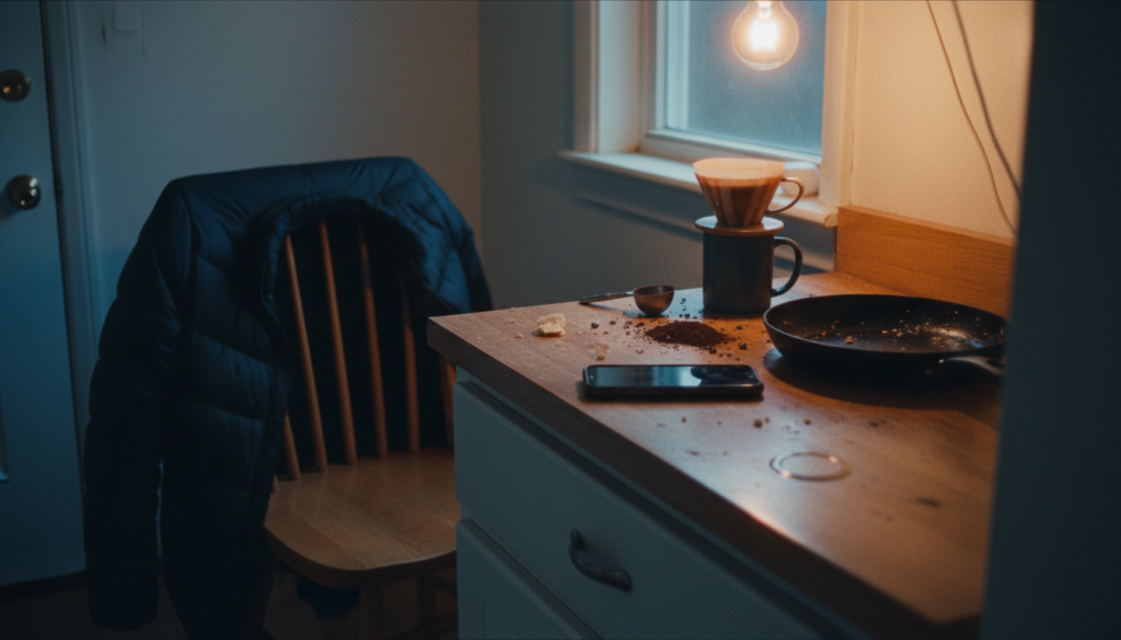A cluttered kitchen counter at 6:40 a.m. with a phone beside a half-made coffee