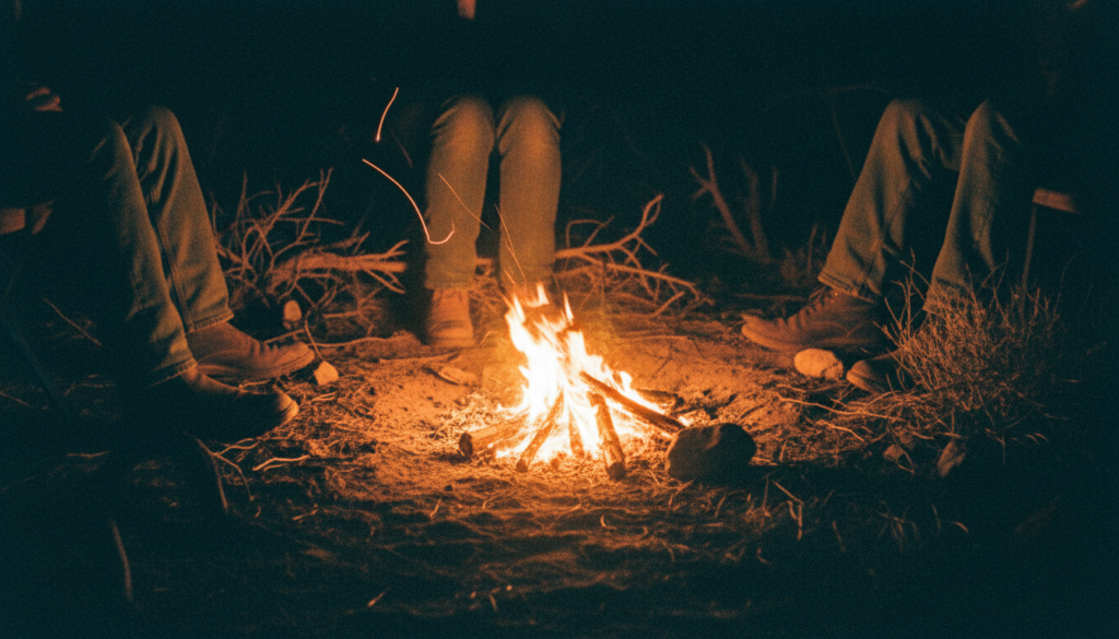Night Meditation - Boots around a small night fire in high desert scrub, cropped below the knee