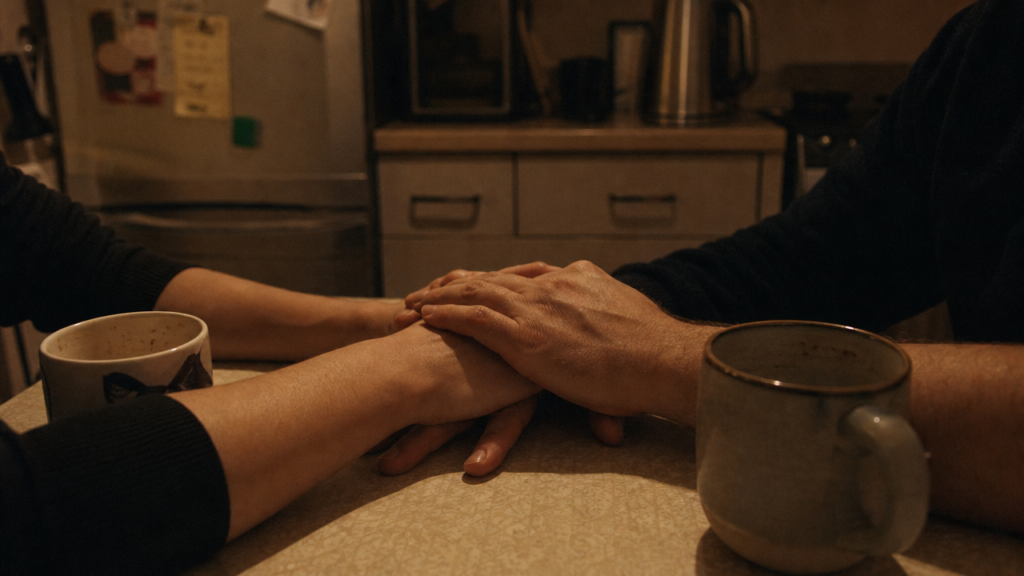 Two pairs of hands resting together on a kitchen table — facing recurrent miscarriage as two people rather than one