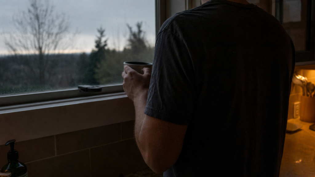 A man standing alone at a kitchen window before dawn after recurrent miscarriage, seen from behind