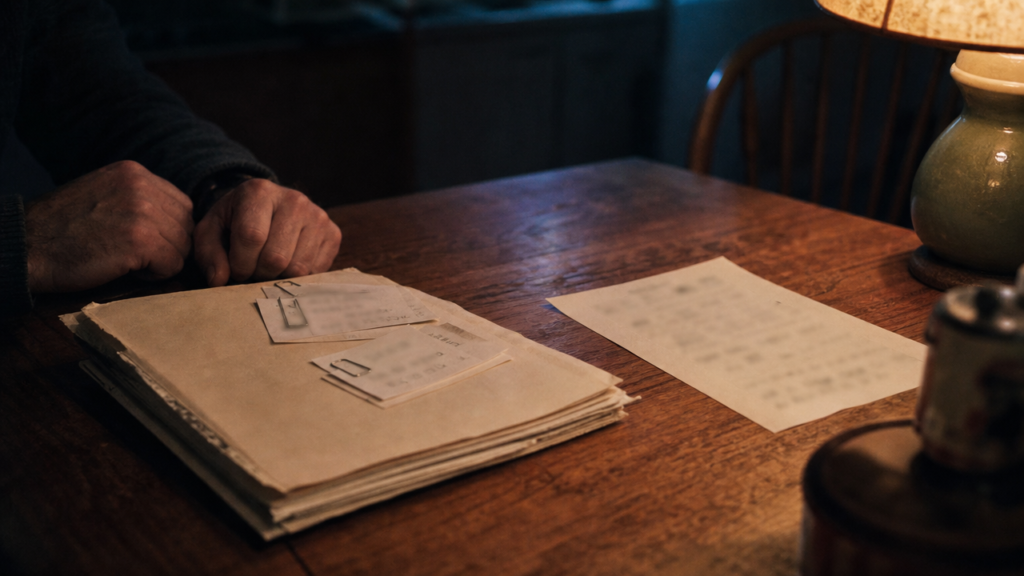 A thick medical folder beside a single sheet of paper on a kitchen table — the imbalance in a recurrent miscarriage workup