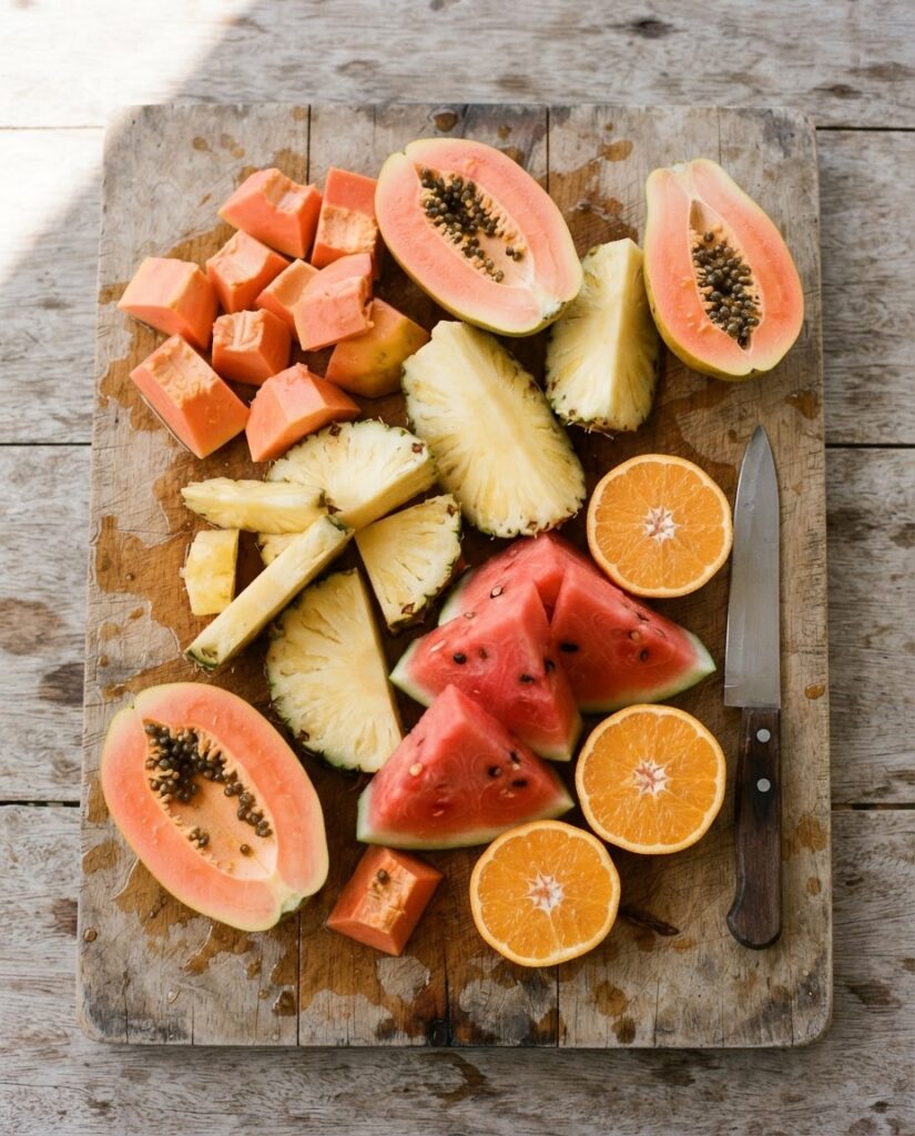 Shared cut fruit after a temazcal — the small feast that closes the ceremony and marks the return