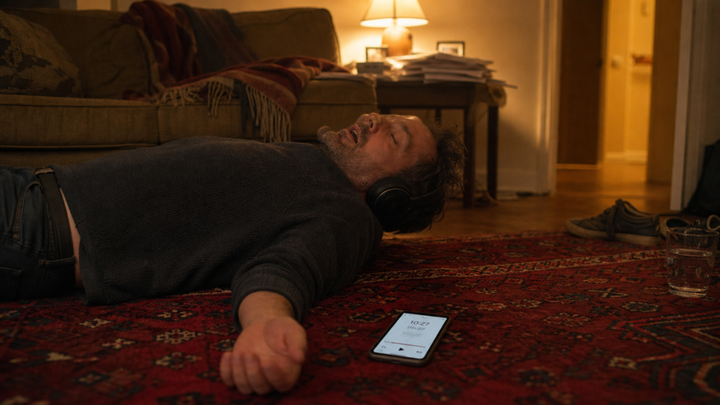 A man asleep on the rug with headphones on, the body scan audio still playing beside him