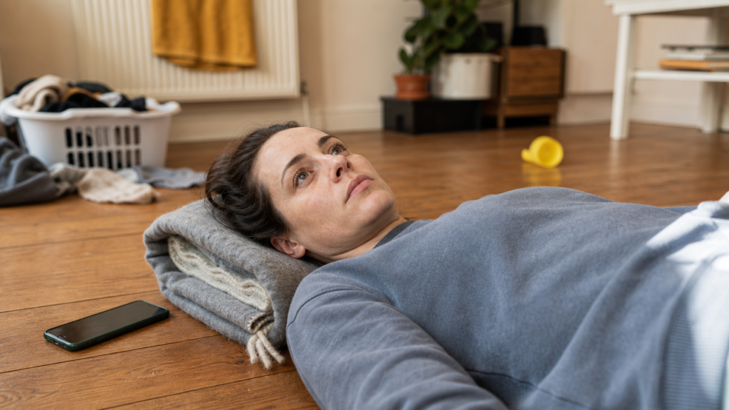 A woman lying on the floor during a body scan, eyes open and fingers drumming, nine minutes in and unconvinced
