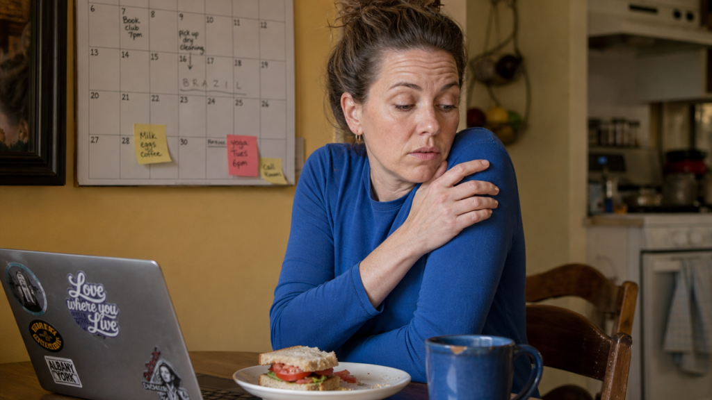 A woman at her kitchen table noticing her own raised shoulders, which is what a body scan trains you to catch
