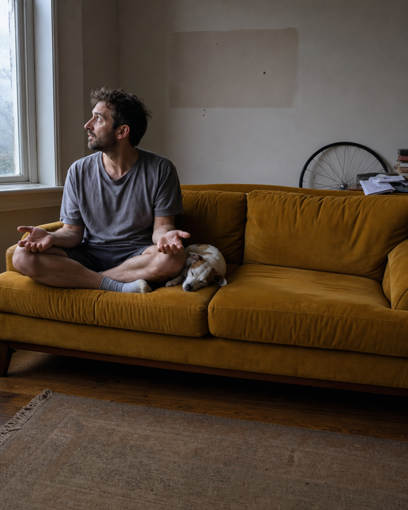 A man sitting cross-legged on a yellow sofa, eyes open, glancing sideways at a clock out of frame