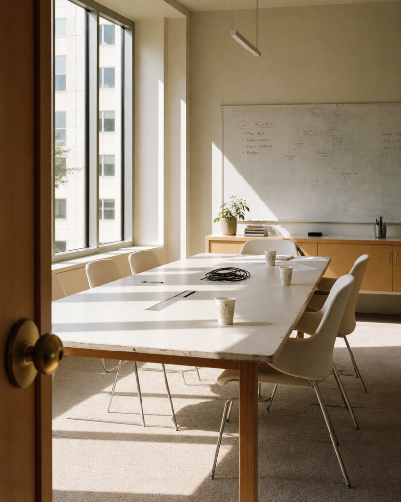 An empty meeting room after the meeting — where the practice belongs, after the demanding thing rather than before it