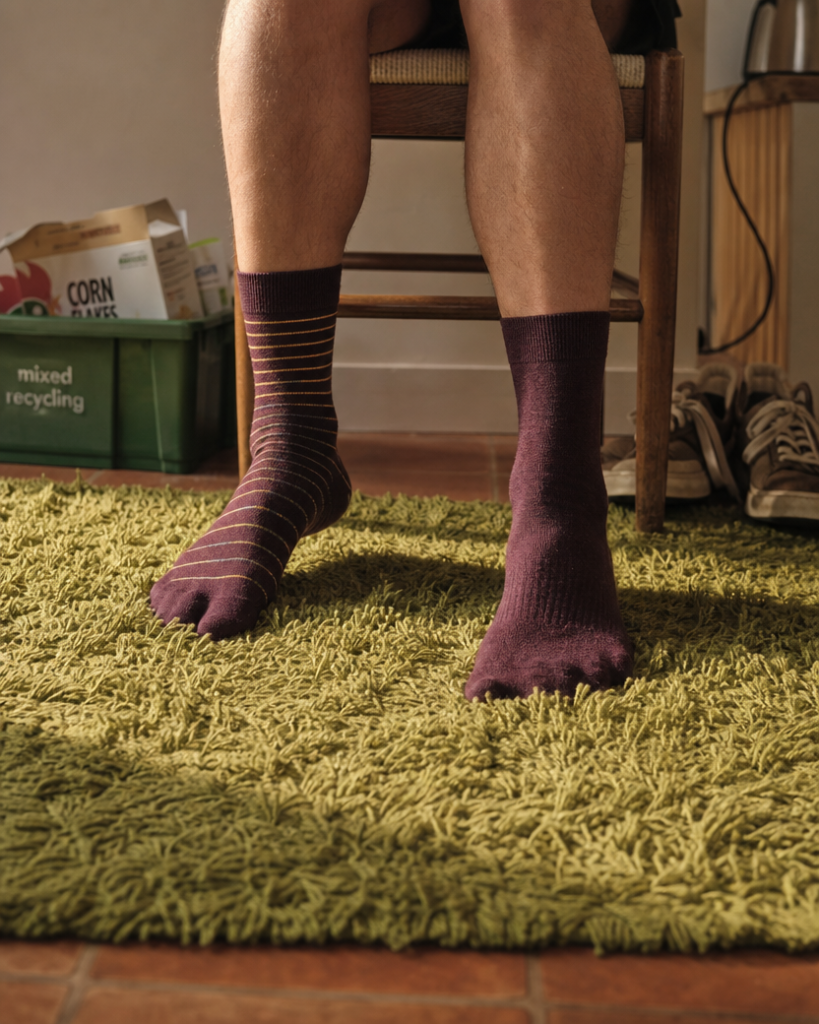 Feet in odd aubergine socks pressed into a lime-green rug, an outward anchor for anxious meditators