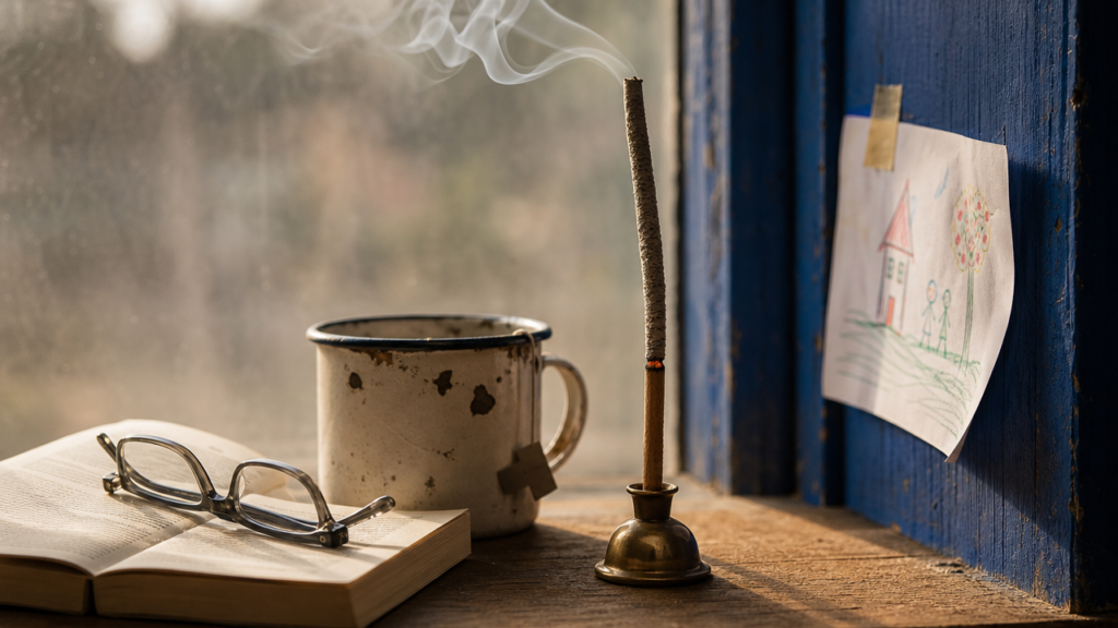 An incense stick burned two-thirds down in a brass holder on a blue-painted windowsill