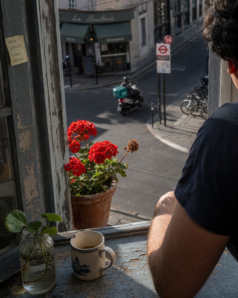 A forearm on a slate-blue window sill beside red geraniums, listening to the street as practice
