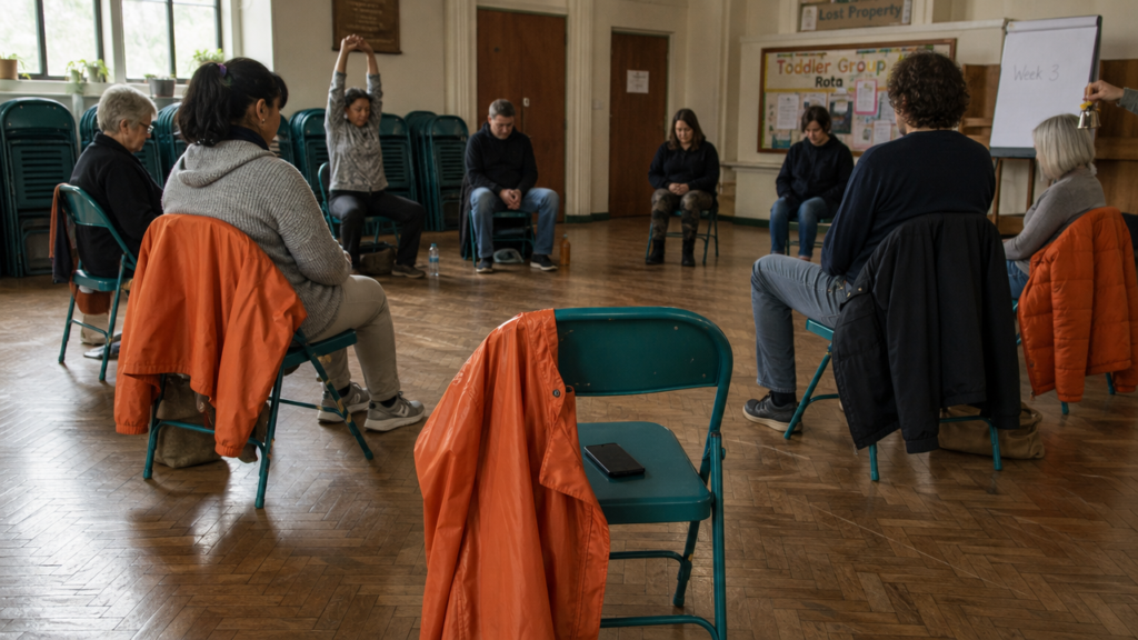 A weekly mindfulness class in a community hall, one empty chair with an orange jacket on it