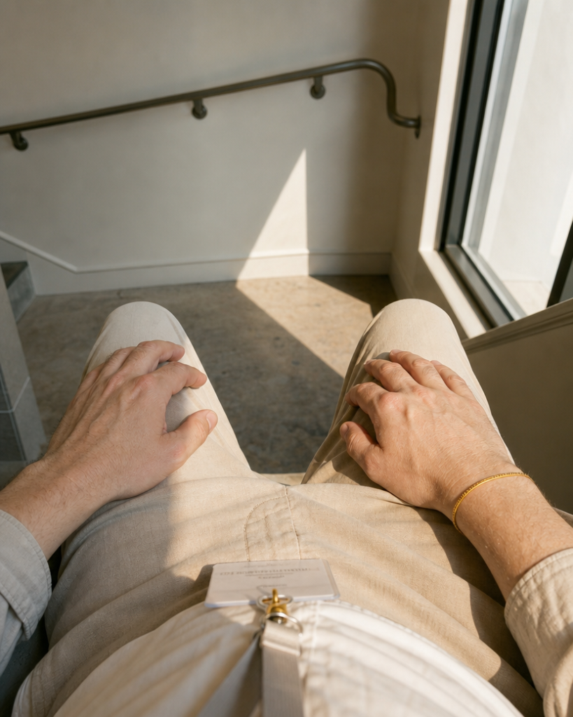 Meditation at work in a stairwell — three breaths with the out-breath longer than the in