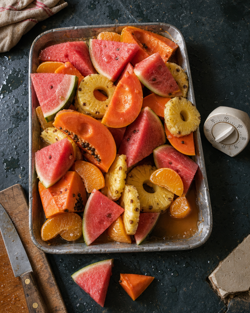 Cut fruit on a metal tray beside an unwound kitchen timer, the meditation timer's opposite