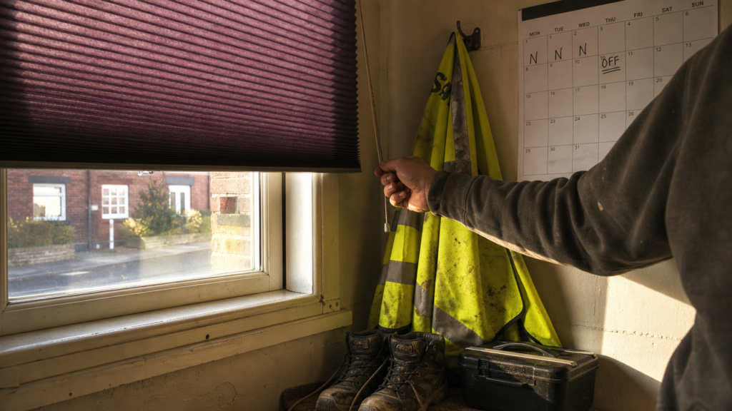 An arm pulling a plum blackout blind down on a bright morning, a hi-vis vest on the hook after a night shift