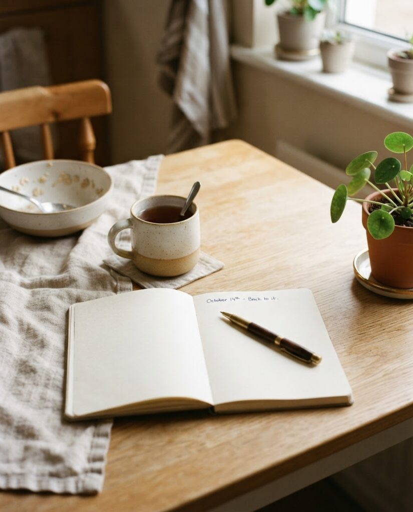 One sentence a week in a notebook at a kitchen table — the least glamorous part of coming home from a retreat