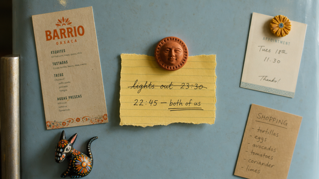 A handwritten note on a blue fridge setting one shared bedtime, 22:45, for both partners