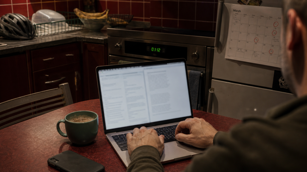 A man's hands on a laptop at a kitchen table past one in the morning, a circled calendar on the fridge behind