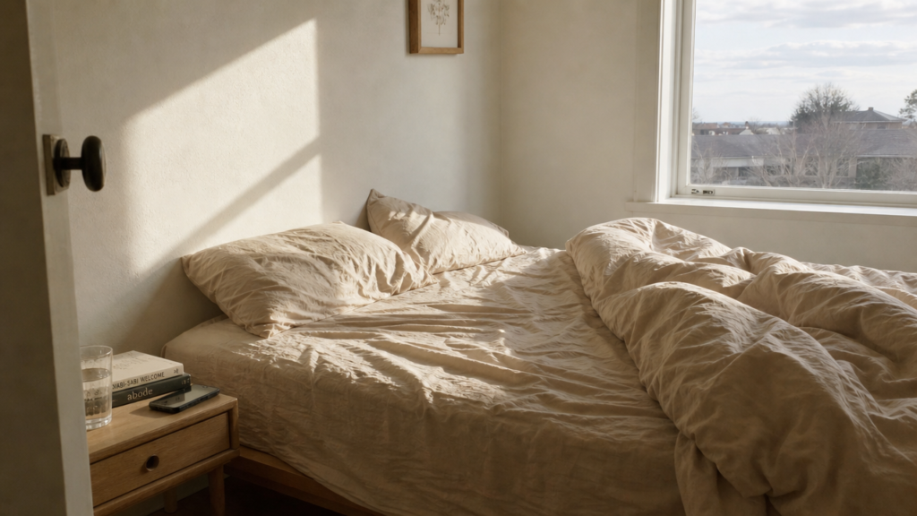 An empty unmade bed in bright morning light, the room where the four a.m. symptom inventory happens during the two week wait
