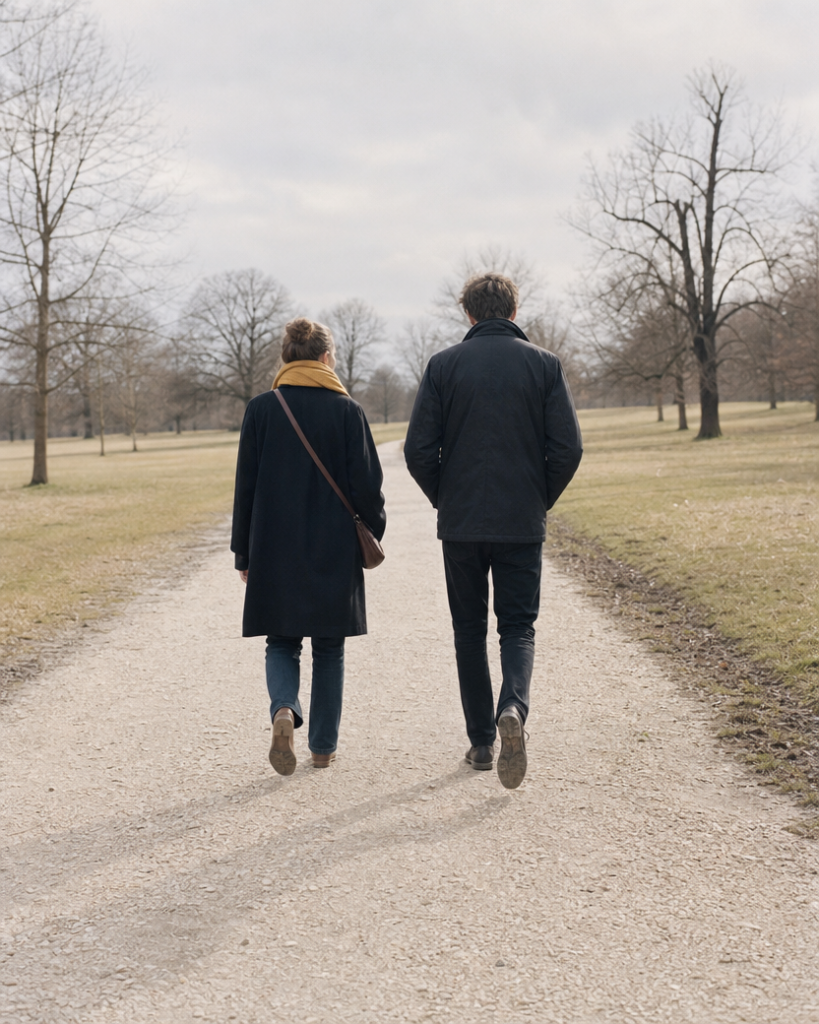 Two people walking a park path in bright afternoon light — a moving anchor for the nervous system during the two week wait