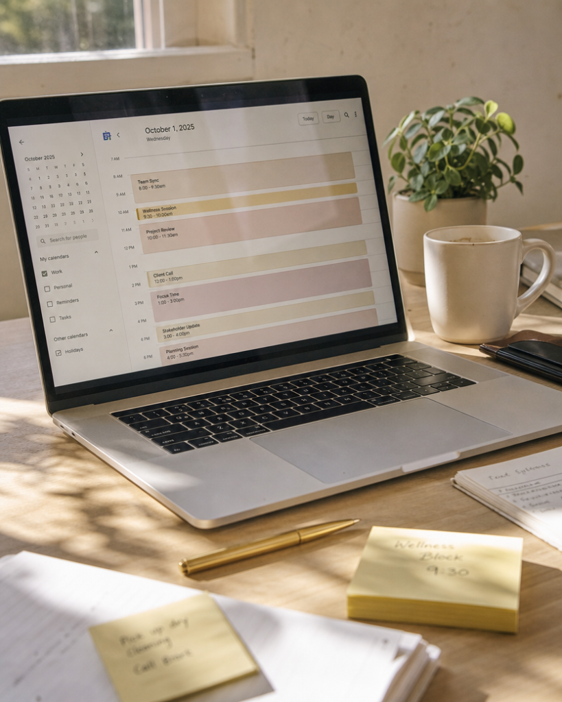 A wellness-week mindfulness invite wedged between two back-to-back meetings on a full calendar
