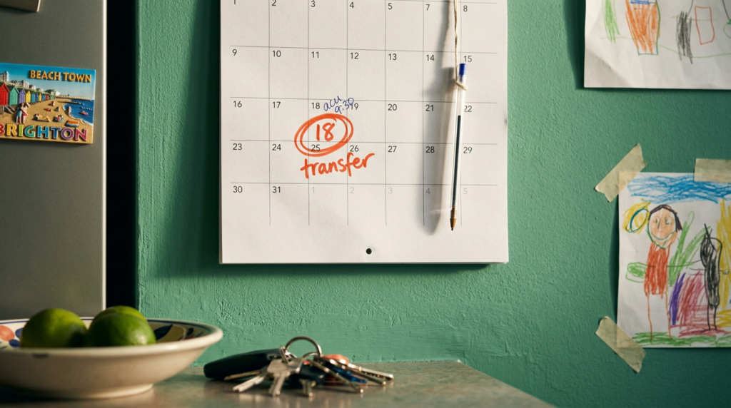 Kitchen calendar with an embryo transfer date circled and an acupuncture appointment written above it