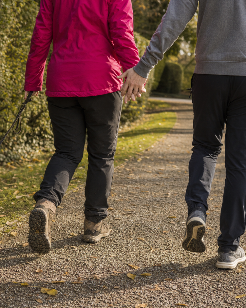 Two people walking briskly side by side on an autumn park path, the walk as the shared dose