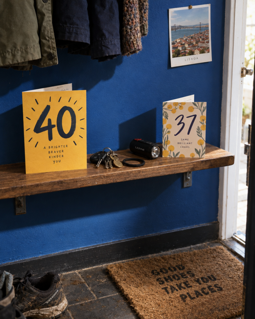 Two birthday cards on a cobalt-blue hallway shelf, one marked 40 and one marked 37
