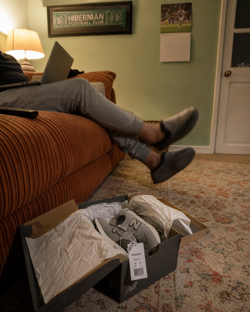 New trainers with the tag still on, in an open box beside a sofa where a man rests with a laptop