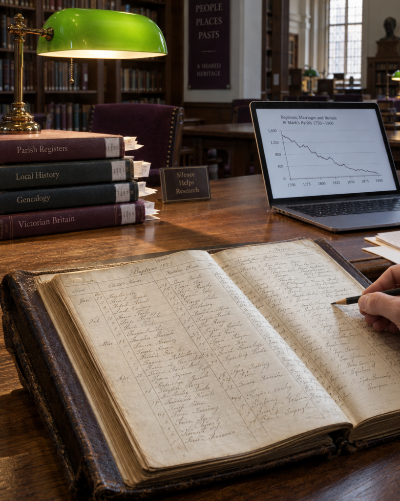 An old handwritten parish register open beside a laptop showing a line chart on a library table