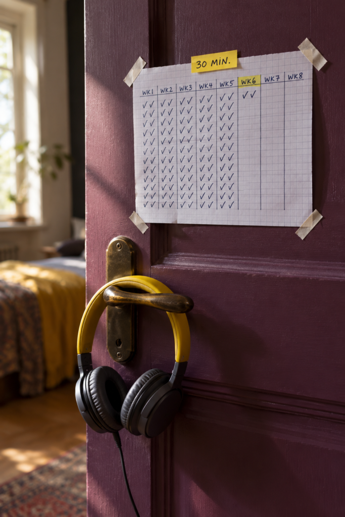 An eight-week home practice chart taped inside a bedroom door, ticks thinning after week five