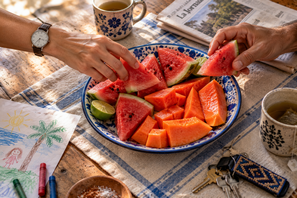 Two hands sharing fruit after time in a meditation room