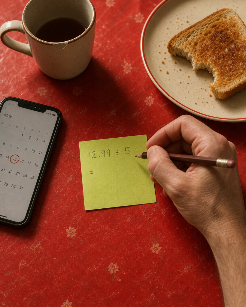 A hand dividing a monthly app fee by the number of sittings on a pistachio sticky note