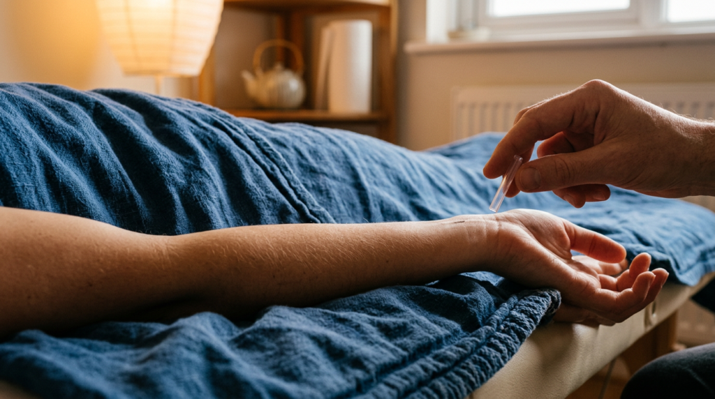 Practitioner holding an acupuncture guide tube just above a resting forearm on an indigo blanket