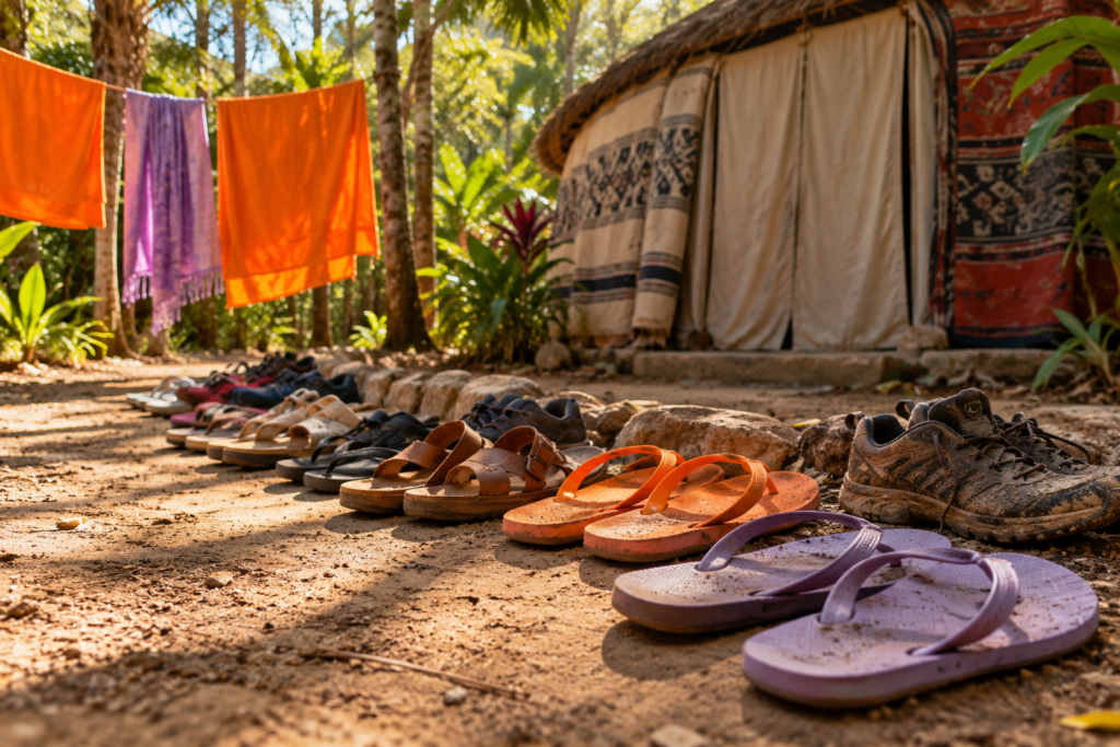 A row of sandals outside a closed lodge in a Yucatán garden in daylight