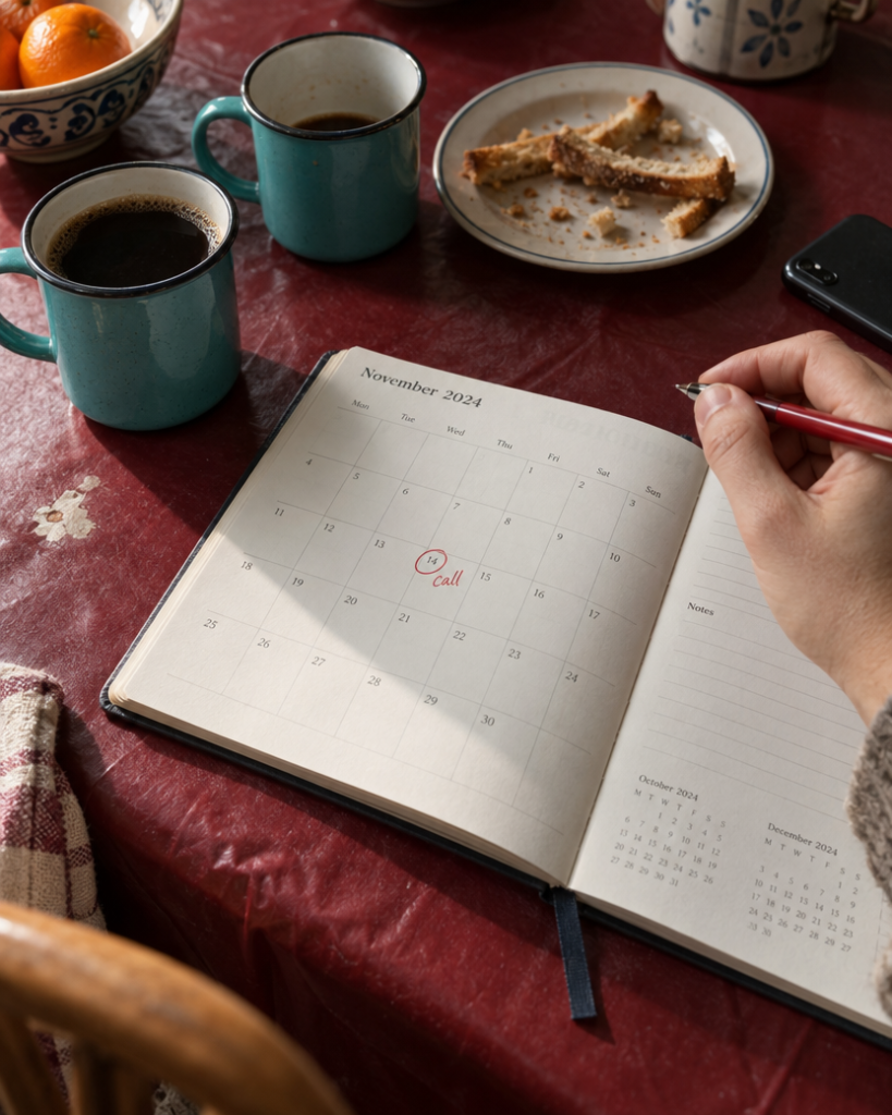 A paper diary with a date six months ahead circled in red and the word call written beside it